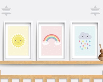 Nursery wall art, Set of 3 prints, Cloud nursery print, Rainbow Nursery print, Kids bedroom art, Sun art, Rainbow baby shower, Weather print