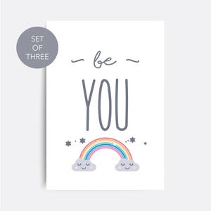 Set of 3 nursery prints, Be brave, Be kind, be you print, Rainbow bedroom art, Baby nursery decor, Nursery wall art, Baby gift, cloud print image 4