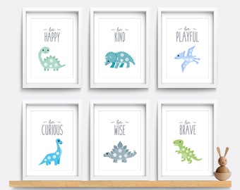 Dinosaur Nursery wall art, Set of 6 dinosaur prints, T-Rex art, Be brave, Kid bedroom art, Baby nursery decor, Triceratops, Diplodocus print