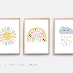 Rainbow nursery print, Rainbow wall art, Yellow nursery decor, Cloud nursery art, Sun art, Pink wall art, Gender neutral, Set of 3, Boho