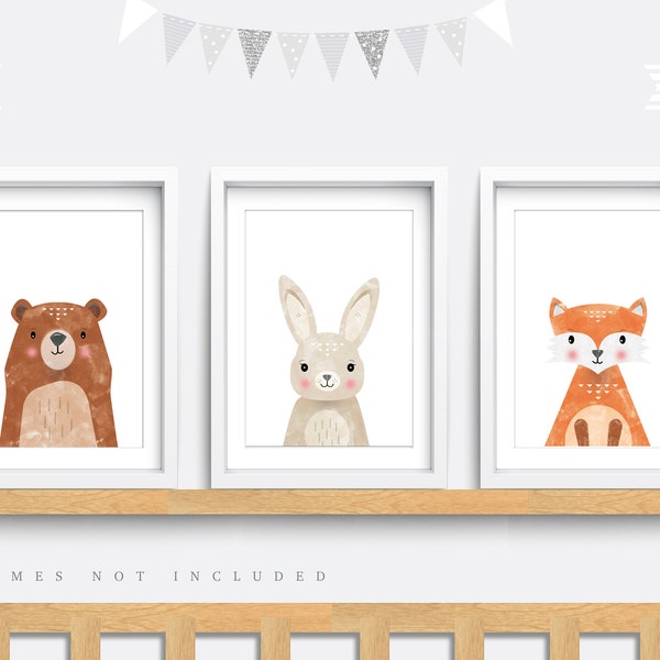 Woodland animal print, Set of 3 animal prints, Forest Nursery wall art, Kid bedroom art, Baby nursery decor, Fox art, Bear art, Rabbit print