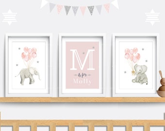 Elephant Nursery Prints: Set of 3 Pink Safari Animal Wall Art