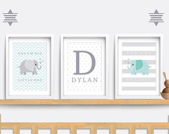 Elephant Nursery Art: Set of 3, Mint & Grey, Personalized Name Print