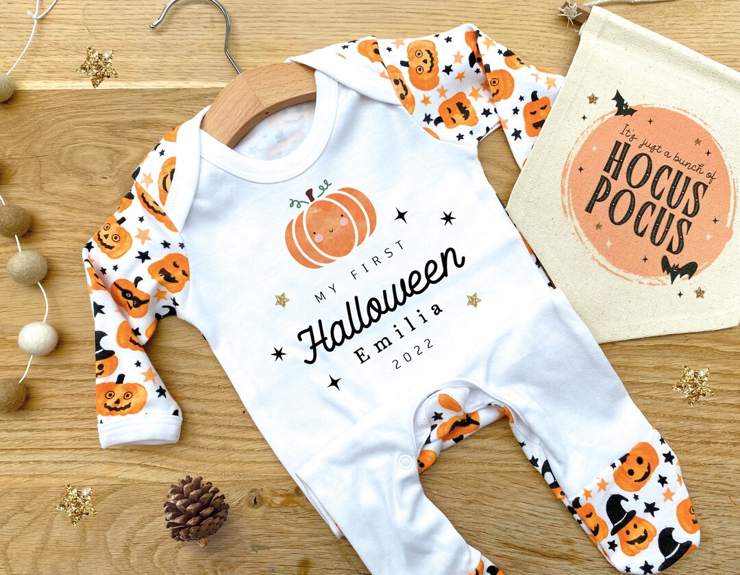 First Halloween Baby Grow, Personalised Sleepsuit, Halloween Sleep Suit, Pyjamas, New Baby Gift