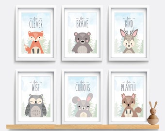 Woodland Nursery wall art, Set of 6 animal prints, Be brave be kind, Kid bedroom art, Baby nursery decor, Fox, Bear, Owl print, Deer print