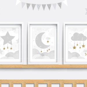 Nursery wall art. Set of 3 Star Nursery prints. Cloud nursery decor. Moon nursery art. Grey baby print. Baby gift. Gender neutral art