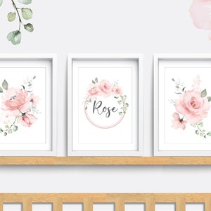 Flower nursery print, Set of 3 prints, Pink nursery decor, Floral nursery print, Baby name print, Girl bedroom art, kid name art, eucalyptus
