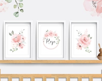 Floral Nursery Print Set: Pink Flower Decor, Personalized Name Art