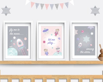 Space Nursery Prints Set: Rocket, Planets, Stars (Digital PDF)