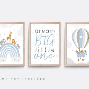 Safari nursery print. Set of 3 Star prints. Cloud nursery decor. Hot air balloon. Baby nursery print. Baby boy gift. Blue and grey art