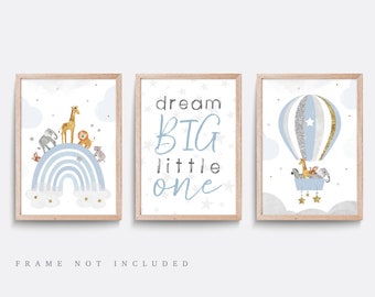 Safari Animal Nursery Print Set: Blue & Grey Hot Air Balloon Decor