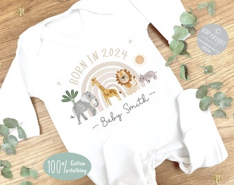 Personalised Sleepsuit, New baby gift, Born in 2024 gift, Personalised baby grow, Safari baby gift, Going home outfit, Baby keepsake