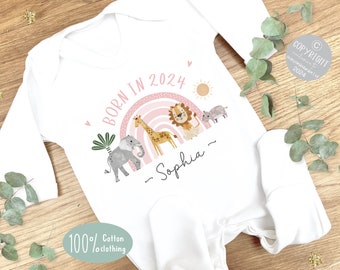 Personalised Sleepsuit, New baby gift, Born in 2024 gift, Personalised baby grow, Safari baby gift, Going home outfit, Baby keepsake