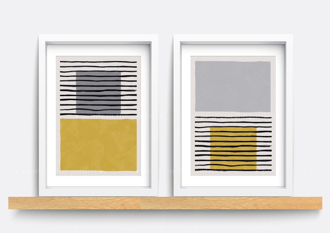 Set of 2 Prints, Abstract Wall Art Prints, Minimalist Prints, Mustard ...