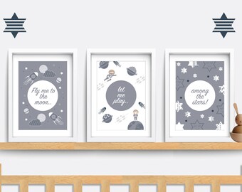 Space Nursery Prints: Planets, Stars, Rockets - Set of 3