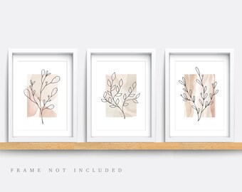 Set of 3 Prints, Plant art prints, Minimalist wall art, Modern art, Leaves in vase, living room decor, Beige wall art, bedroom print, flower