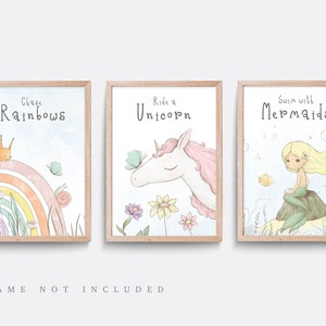 Unicorn, Mermaid, Fairy Nursery Prints: Rainbow Wall Art Set