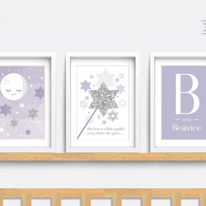 Nursery wall art, Set of 3 Nursery prints, Star nursery decor, Moon wall art, Lavender bedroom print, Baby gift, She leaves a little sparkle