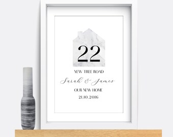 May include: A white framed print with a marble house design and the number 22. The text below reads "Yew Tree Road, Sarah & James, Our New Home, 21.10.2016".
