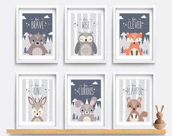 Woodland Nursery print, Set of 6 animal prints, Be brave be kind, Kid bedroom art, Baby nursery decor, Fox, Bear, Owl print, Deer print