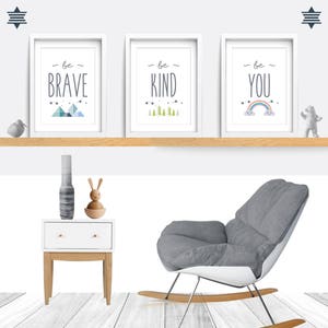 Set of 3 nursery prints, Be brave, Be kind, be you print, Rainbow bedroom art, Baby nursery decor, Nursery wall art, Baby gift, cloud print image 8