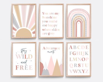 Boho Nursery Print Set: Mountain, Rainbow, Sunshine Wall Art