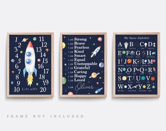 Space Nursery Print Set: Solar System ABC, Kids Affirmations