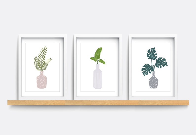 pink wall art Set of 3 Prints Minimalist wall art bedroom print flower Leaves in vases living room decor Plant art prints Modern art
