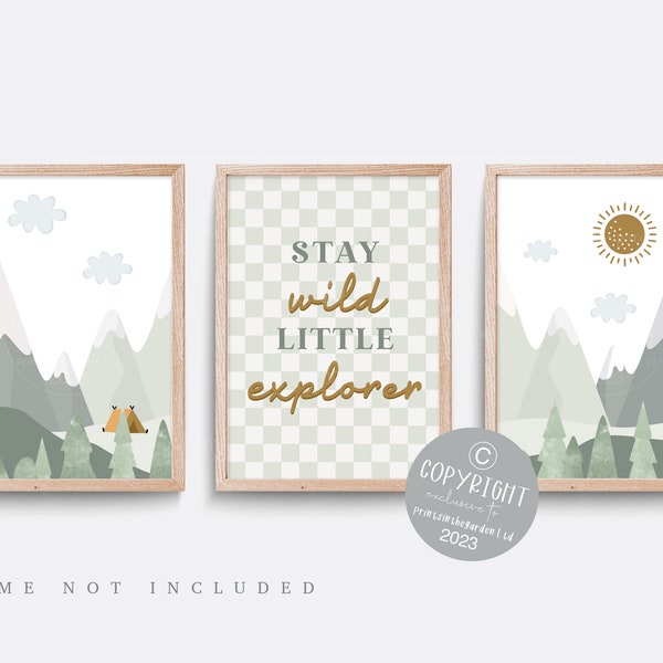 Boy wall art, Set of 3, Little explorer print, Mountain nursery decor, camping wall art, Outdoor wall art, Nursery Quote print, Woodland art