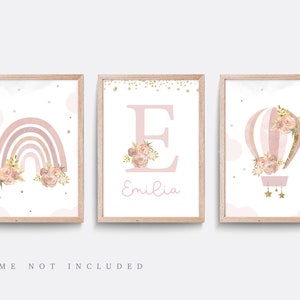 Nursery wall art. Set of 3 floral prints. Rainbow nursery decor. Hot air balloon. Baby nursery print. Baby girl gift. Pink decor