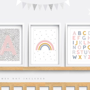 Rainbow nursery print, Rainbow wall art, Pink nursery decor, Alphabet print, Baby name print, Pink wall art, Girls bedroom art, Set of 3