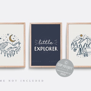 Boy wall art, Set of 3, Little explorer print, Mountain nursery decor, camping wall art, Outdoor wall art, Nursery Quote print, Woodland art