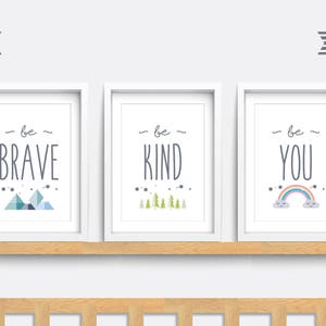 Set of 3 nursery prints, Be brave, Be kind, be you print, Rainbow bedroom art, Baby nursery decor, Nursery wall art, Baby gift, cloud print image 1