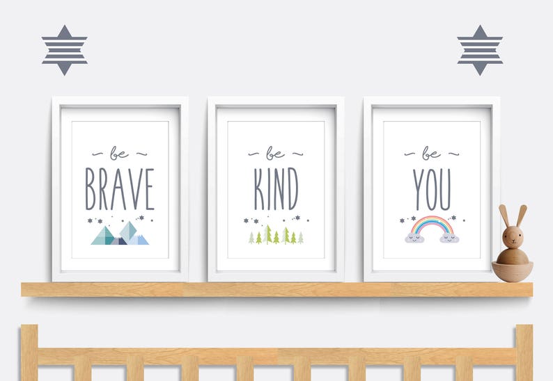 Set of 3 nursery prints, Be brave, Be kind, be you print, Rainbow bedroom art, Baby nursery decor, Nursery wall art, Baby gift, cloud print image 1