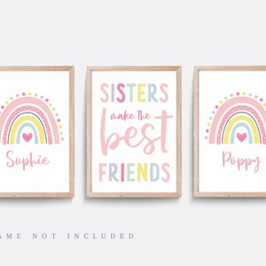 Sisters nursery print, Nursery wall art, Set of 3 prints, Sister print, Little sister art, Girl bedroom art, Pink nursery print, Name print