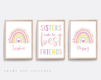 Sisters nursery print, Nursery wall art, Set of 3 prints, Sister print, Little sister art, Girl bedroom art, Pink nursery print, Name print