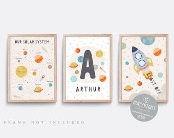 Space Nursery Print Set: Solar System, Rocket, Personalized Name