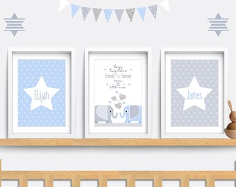 Twin Nursery Art: Elephant Prints, Blue & Grey Decor (Set of 3)
