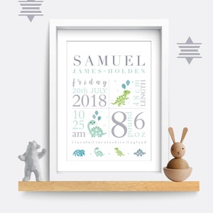 Birth details print, Dinosaur nursery print, Birth poster, Baby name print, Baby name sign, Christening/baptism gift, Baby name wall art