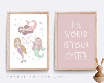 Mermaid nursery print, Pink nursery print, Baby nursery decor, Girl bedroom decor, Mermaid wall art print, Nursery wall art, Set of 2 prints