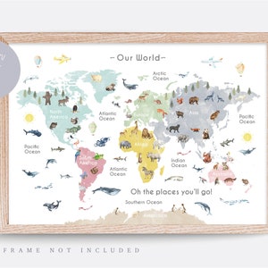 Animal World Map Print, Map Wall Art,  Educational Print,  Baby Decor,  Nursery Map,  Nursery Room,  Children's Room Decor,  Playroom Print
