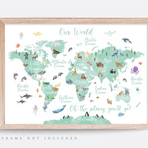 Animal World Map Print, Map Wall Art,  Educational Print,  Baby Decor,  Nursery Map,  Nursery Room,  Children's Room Decor,  Playroom Print