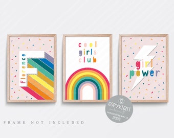 Rainbow nursery print, Rainbow wall art, Pink nursery decor, Girls nursery art, Girl name print, Bright wall art, Girl power print, Set of 3