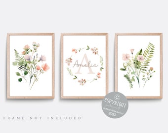 Wildflower Nursery Print Set: Personalized Floral Girl Bedroom Art