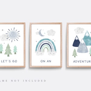 Nursery wall art, Set of 3, Green and blue nursery prints, Mountain nursery decor, Adventure print, Outdoor, Forest nursery art, Rainbow art