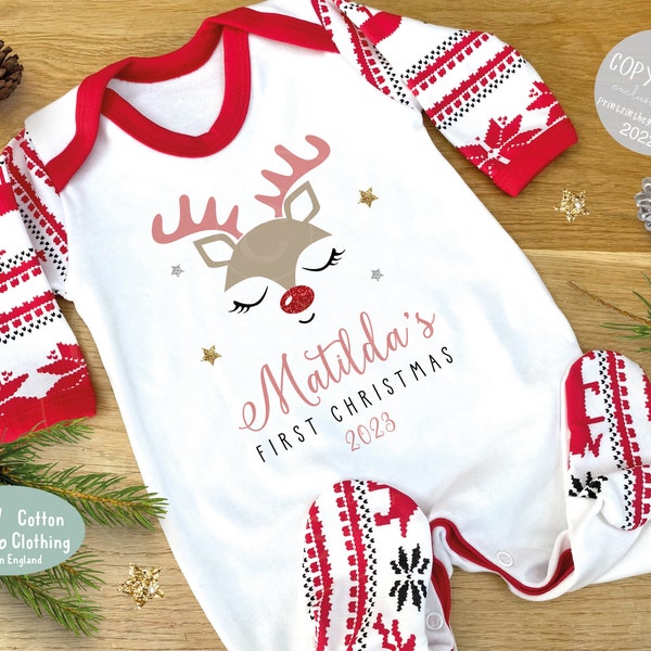 Personalised First Christmas Sleepsuit, 1st Xmas Baby Grow,  Pyjamas,  Babies 1st Xmas Gift Idea,  Christmas Outfit for baby, Reindeer