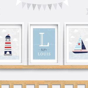 Nautical nursery prints, Nautical Nursery wall art, Set of 3 sea themed prints,Kids name print, Baby nursery decor, Grey art, Blue wall art