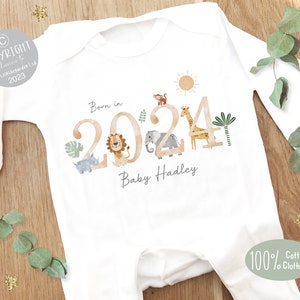 Personalised Sleepsuit, New baby gift, Born in 2024 gift, Personalised baby grow, Safari baby gift, Going home outfit, Baby keepsake image 1