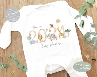 Personalised Sleepsuit, New baby gift, Born in 2024 gift, Personalised baby grow, Safari baby gift, Going home outfit, Baby keepsake