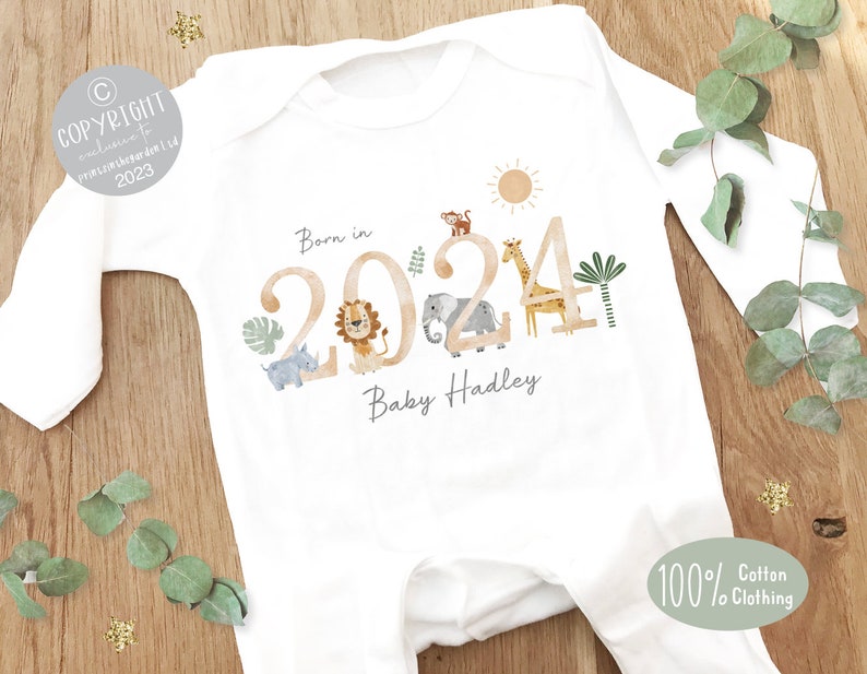 Personalised Sleepsuit, New baby gift, Born in 2024 gift, Personalised baby grow, Safari baby gift, Going home outfit, Baby keepsake image 1